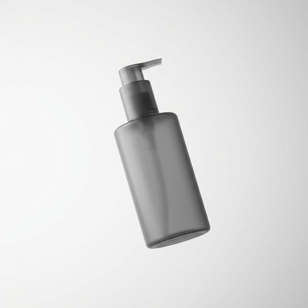 Minimalist translucent pump bottle — men's face serum editorial